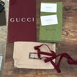 Gucci Beige Dust Bag, Maroon Monogrammed Ribbon and Gift Bag and Green Gift Box